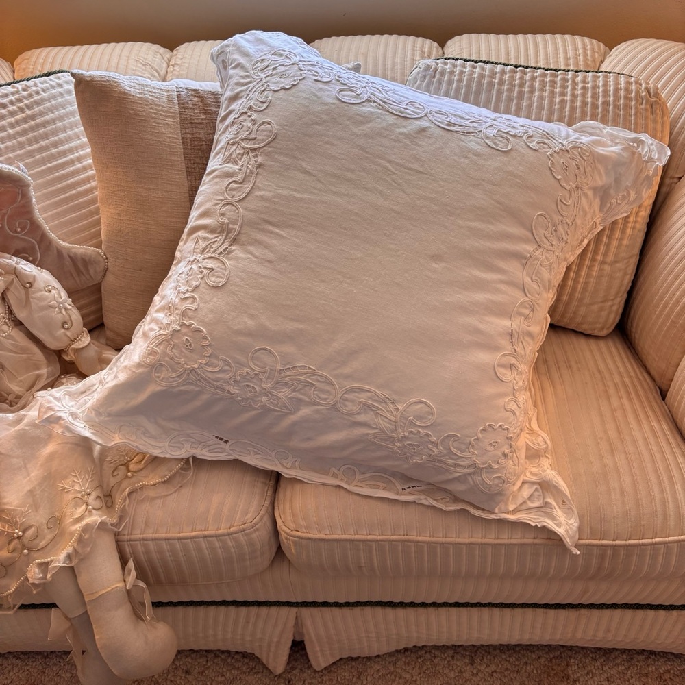 White Battenberg Embroidered Pillow Cover 24”